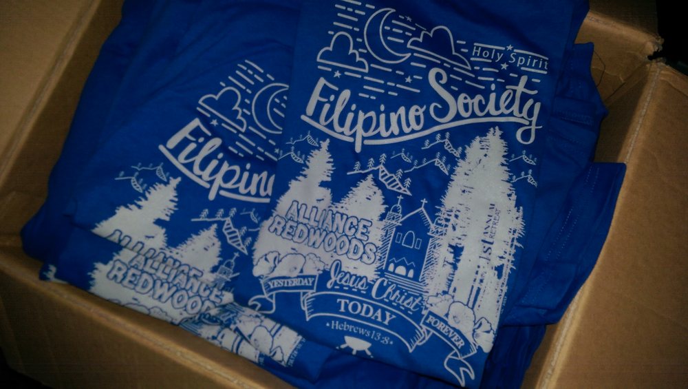 Holy Spirit Filipino Society retreat shirts, one-color print on royal blue