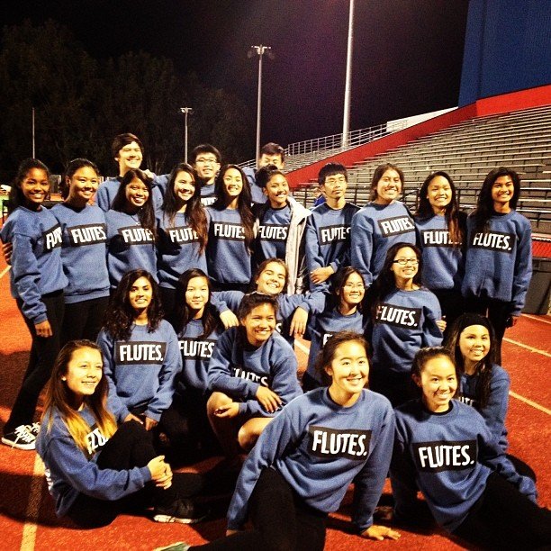 Irvington High School band flute section in matching custom “FLUTES” crewnecks